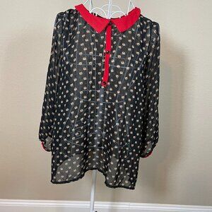 Paper Crane Women's Red/Black Floral Neck Sheer Blouse Sz M